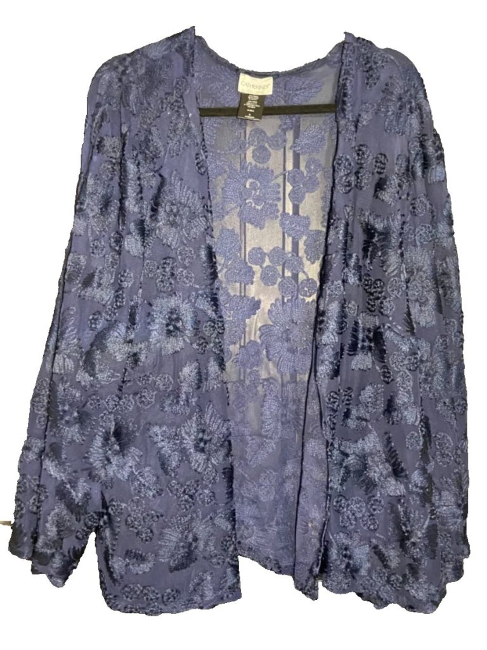 Catherines Sz 6X Navy Blue Floral Sheer Open Front Drape Cardigan Overlay